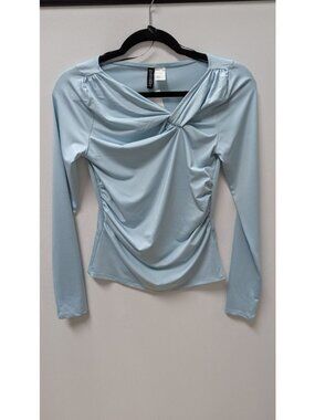 Divided H&M Light Blue Knot Neckline Ruched Blouse